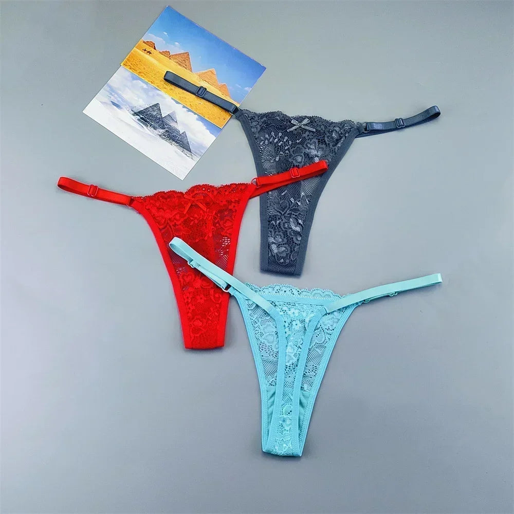 3PCS Einstellbare Sexy Transparent Tanga Höschen Frauen Spitze Unterwäsche Niedrige Taille Weibliche T-zurück String Unterhose